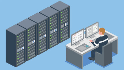 Modern data center scene shows IT specialist analyzing dashboards and monitoring server racks in a blue-themed flat cartoon control room.