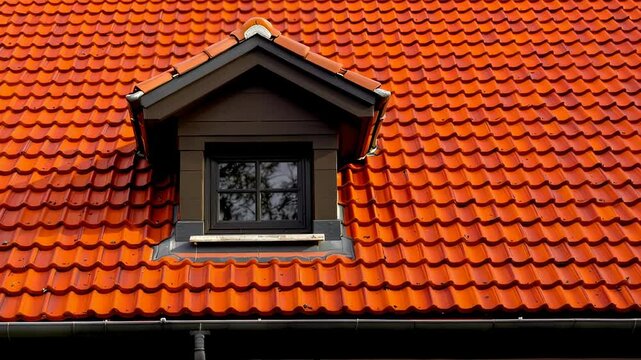 orange roof with dormer and dark trim, showcasing intricate tile pattern and architectural detail