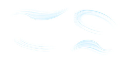 Air flow set of vector elements on a white background. Abstract light effect blowing from an air conditioner, purifier or humidifier. Dynamic blurred flow motion