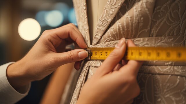 Close-up of hands using a yellow measuring tape on luxurious beige embroidered fabric. The detailed craftsmanship captures the meticulous process of custom garment creation. - Powered by Adobe