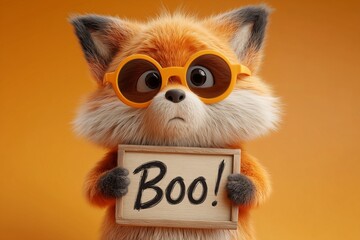 A cartoonish fox in Halloween sunglasses holding a "Boo!" sign on a glowing yellow background.