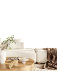 Close-Up of White Sectional Sofa and Coffee Table – Front View PNG with Transparent Wall – 3D...