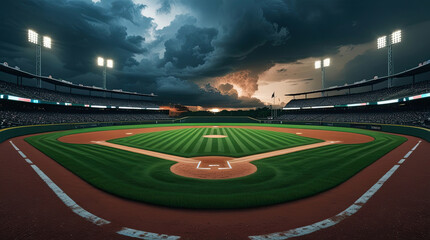 Obraz premium Baseball stadium during dramatic weather with cloudy skies and lit up floodlights