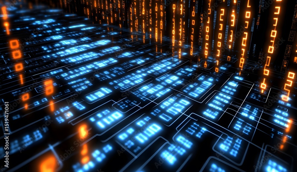 Fototapete Abstract background with a digital circuit board and binary code. High-tech technology concept. Digital rendering of computer chips, data transfer,