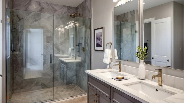 modern bathroom interior showcasing double vanity, glass shower, and neutral color palette