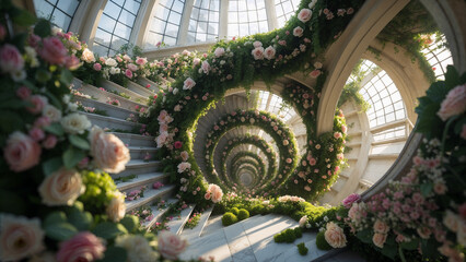 Elegant spiral staircase with flowers, vines, moss, and petals creating a dreamy, lush garden ascent.