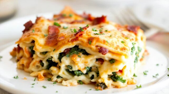 a delicious lasagna slice with cheese, bacon, spinach, and sauce presented on a white plate