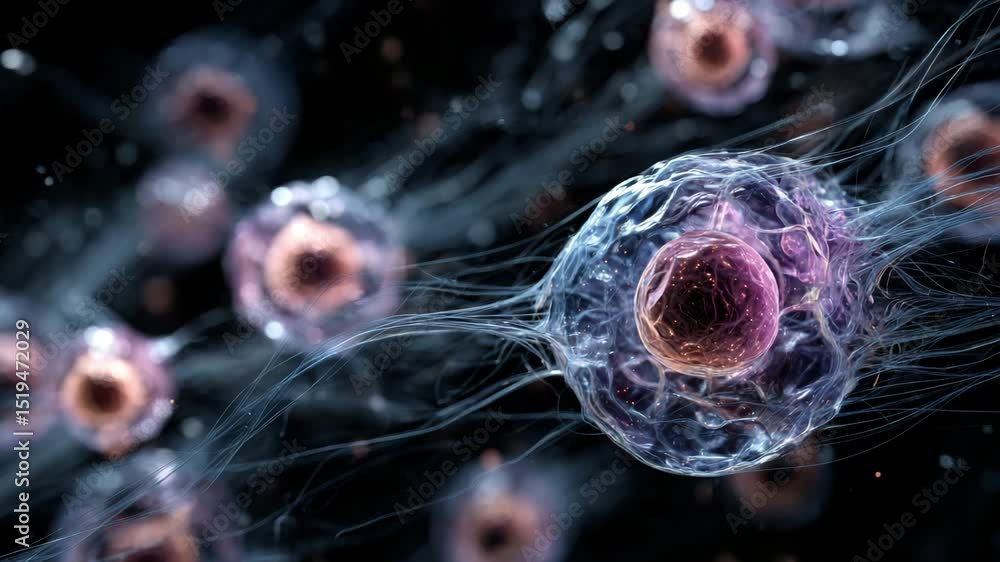 Poster vibrant microscopic motion of cells exploring dynamic structure and biology of life in science