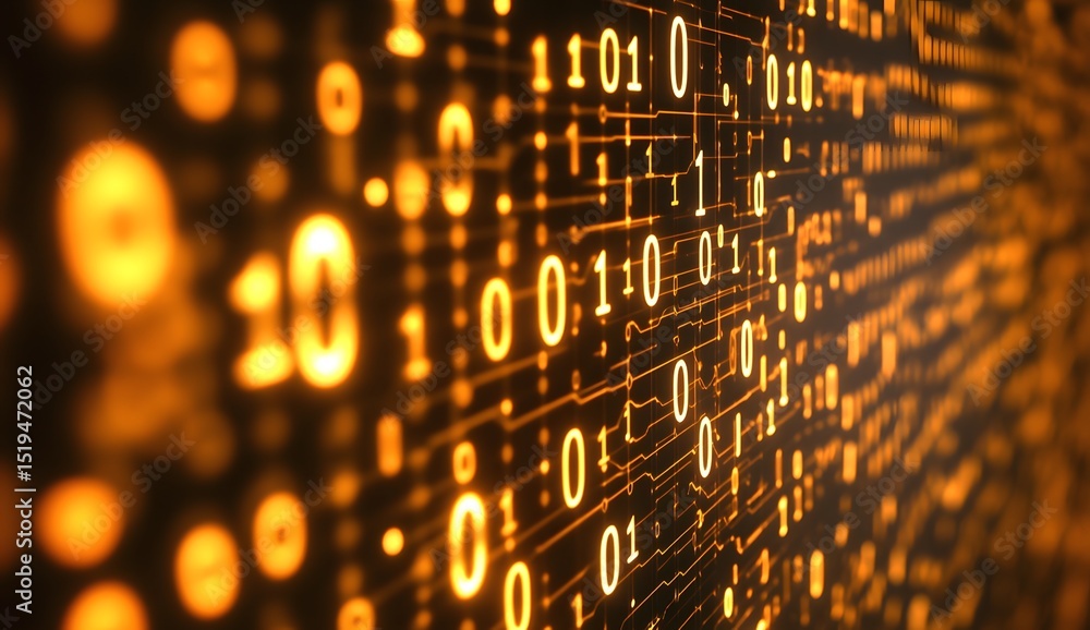 Fototapete Abstract background with a digital circuit board and binary code. High-tech technology concept. Digital rendering of computer chips, data transfer,