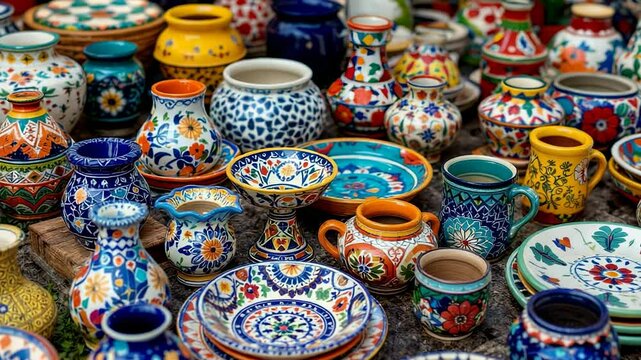 assortment of colorful, handcrafted ceramic pottery displaying intricate patterns and designs