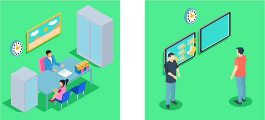 Isometric coaching characters set with learning education training teaching processes conference seminar isolated vector illustration - Vector 