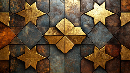 Intricate geometric tile pattern with gold star accents and weathered texture
