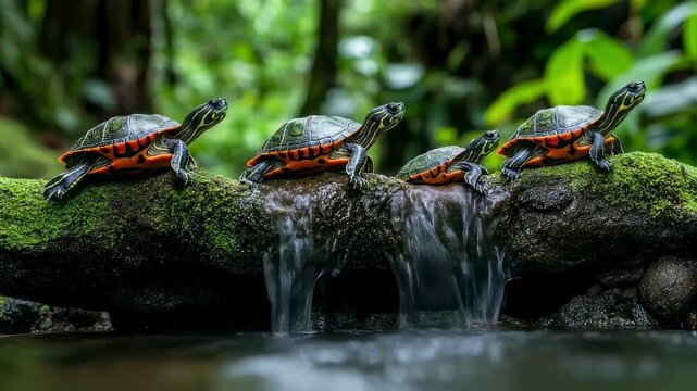 Four Painted Turtles on Mossy Log by Cascading Waterfall in Lush Rainforest