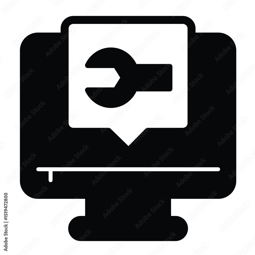 Poster monitor screen with wrench popup window solid icon, repair service concept. vector graphics. compute