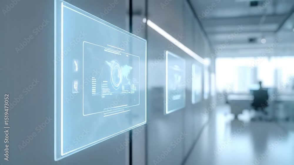Poster modern office wall interactive display with glowing data projections