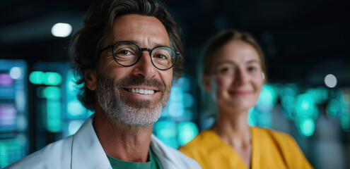 Obraz premium Smiling medical professionals stand confidently in high-tech hospital environment together