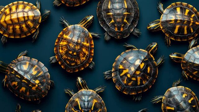 Top View of Multiple Yellow-Bellied Sliders on Dark Blue Background