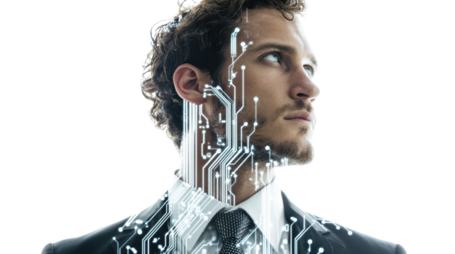 A businessman with a digital circuit design overlay, symbolizing technology and innovation in the corporate world.