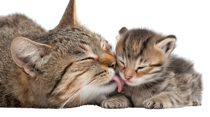 A cat lovingly grooming its kitten, showcasing a tender moment of affection between mother and child.