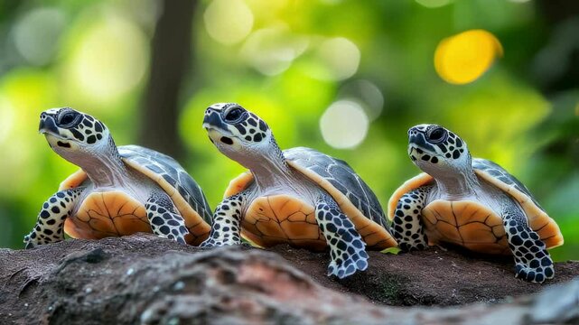 Three Adorable Baby Turtles on a Log in Lush Green Forest