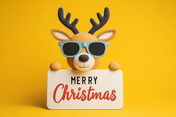 A funky cartoon reindeer in retro sunglasses holding a "Merry Christmas" sign on a bright yellow background.