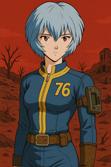 Anime character with blue hair wearing Vault 76 jacket	
