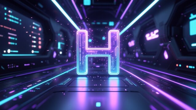 Glowing Holographic Letter H in Futuristic Cyberpunk Environment with Neon Light Effects