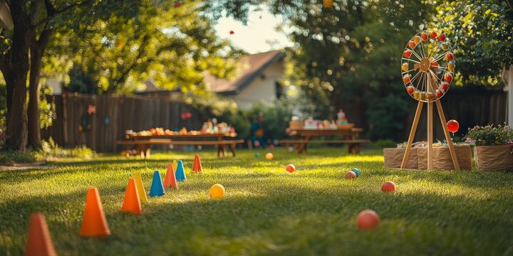 Colorful backyard birthday party setup with games and decorations
