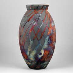 Tall oval colorful ceramic vase on plain background