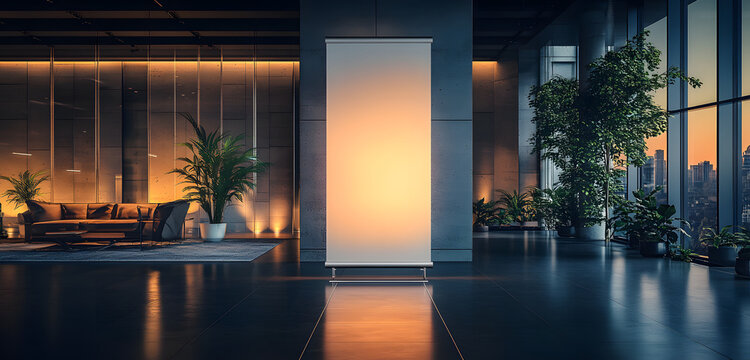 Blank rollup banner stand mockup in modern office with large windows, metal and glass accents, dark background for advertising.