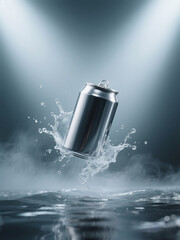 Refreshing concept image of a soda can splashing into water, illuminated by cinematic lighting. Dynamic motion and cool tones ideal for drink promotions.