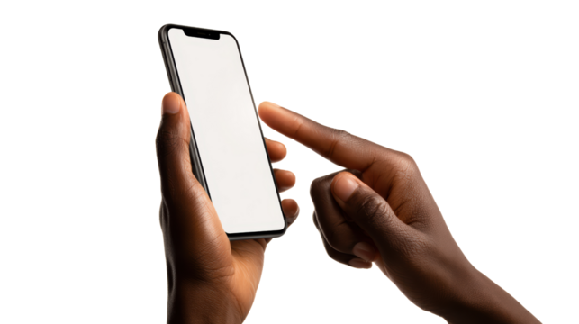 A close-up of a hand pointing at a smartphone screen, isolated on a white background.