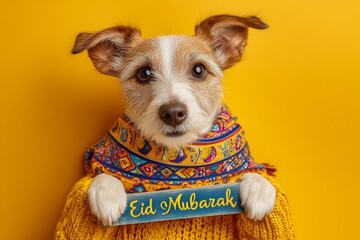 A cheerful dog in Eid-themed scarf holding a "Eid Mubarak" board on a sunny yellow canvas.