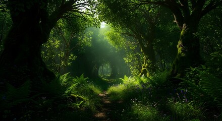 Fototapeta premium Forest Path Sunlight Ferns Trees Natural Scenery