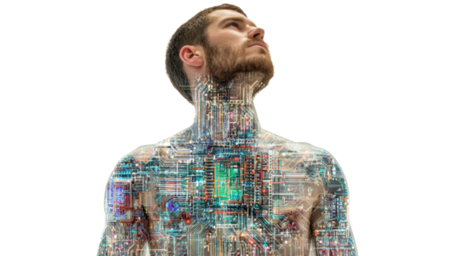 A conceptual image of a man with a body made of technology and urban elements, symbolizing the fusion of humanity and technology.