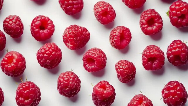 Fresh raspberries background pattern. Red ripe raspberries on white background. Healthy eating concept.