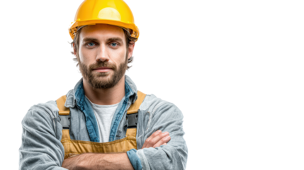 A confident construction worker in a hard hat poses with crossed arms, showcasing strength and professionalism.