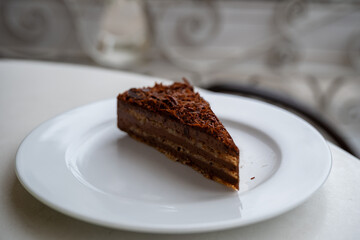 Slice of layered chocolate cake with shavings on top on white plate