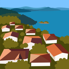 Vector landscape. Mountains, sea, roofs of houses and trees from above