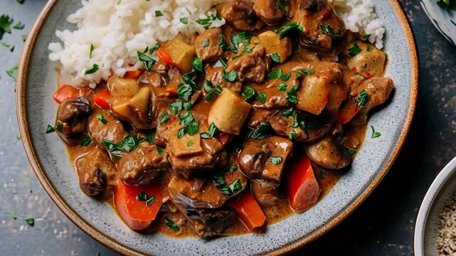 Delicious beef stroganoff with rice. Gourmet meal with mushrooms, parsley. Food photography of tasty dinner.