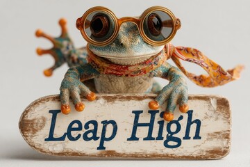 A whimsical frog in a retro sunglasses holding a board with "Leap High" on a clean white canvas.