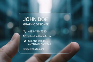 Transparent plastic business card held in hand with blurred city background, showcasing contact details and modern design
