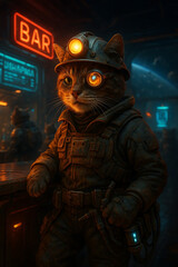 Futuristic character with glowing eyes and sci-fi background	