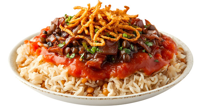 Delicious Close-up of Egyptian Koshari Dish, a Flavorful Mix of Rice, Lentils, and Noodles
