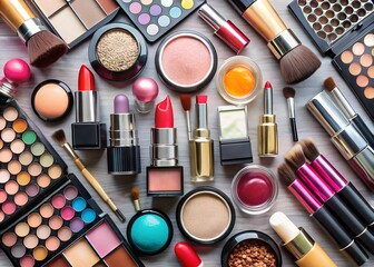 High-angle photo of assorted cosmetics suitable for branding kits commercial ad design or packaging prototypes milkyhexddway Backgrounds news ads