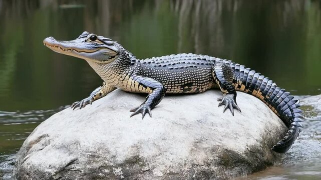 Alligator basking on a sun-drenched rock, a study in reptilian grace and stillness