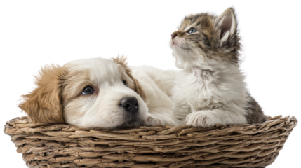 A cute puppy and kitten snuggling together in a cozy wicker basket, showcasing their friendship and playful spirit.