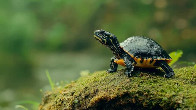 Juvenile Florida Red-bellied Cooter Turtle on Mossy Rock