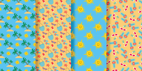 Summer beach seamless patterns set. Sun, palm trees, sea and holiday items create a continuous background. Colorful season summer print, vector graphic