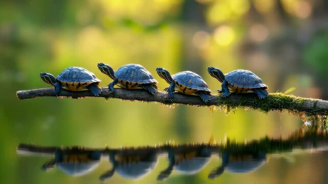 Four Baby Turtles on a Branch Over Water at Sunset
